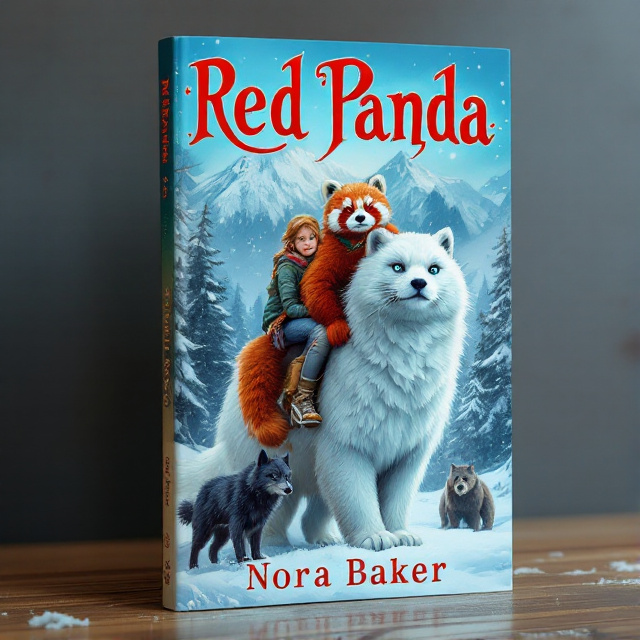 The red panda and the twelve-year-old girl are riding on the back of a large fluffy snow cat with blue eyes. They are flanked by a young black wolf and a gray wolf. Snow-capped mountains can be seen in the background, along with a snowy forest. In the forest, a menacing and large bear-like silhouette lurks.