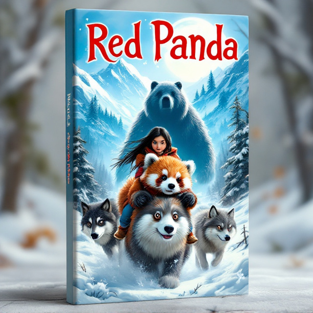 The young red panda and the twelve-year-old girl with black hair are riding a fluffy snow cat in the center of the cover. They are flanked by a young black wolf on one side and a gray wolf on the other side. Behind them, there are snow-capped mountains and a snowy forest. In the forest, a menacing and large bear-like silhouette lurks.