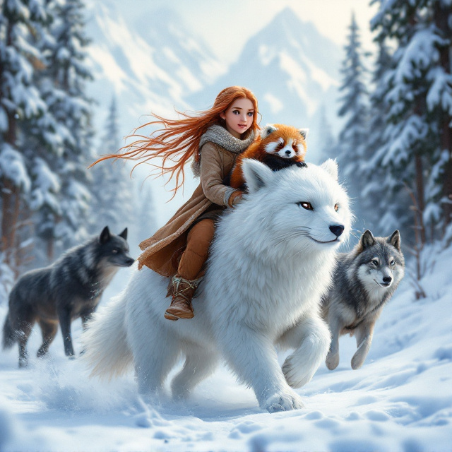 A twelve-year-old girl with long, flowing hair is riding a fluffy white snow cat through a snowy forest. The girl is dressed in warm winter clothing and has a young red panda perched on her shoulder. Flanking them are a black wolf and a gray wolf, all of them in mid-stride. Behind them are snow-capped mountains, with a bear-like silhouette lurking in the shadows of the forest.