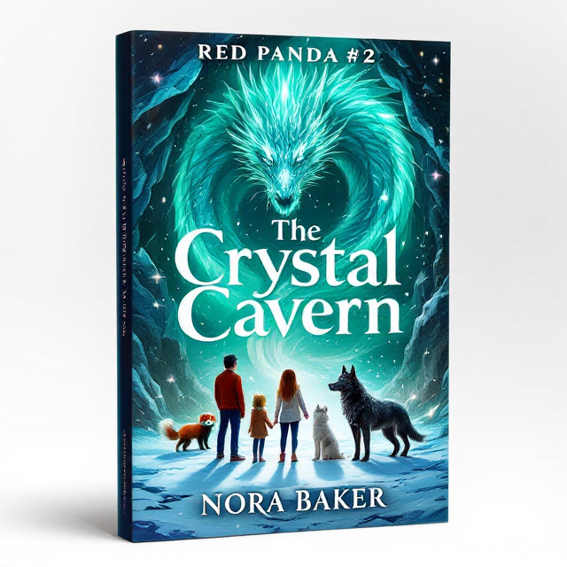 The central focus of the cover is a large crystal dragon, its scales shimmering in various shades of green and white. Surrounding the dragon are a red panda, a twelve-year-old girl, a snow cat, a black wolf, and a gray wolf. They are standing together, facing the dragon in a cave adorned with sparkling gemstones on the walls. Snow is falling gently around them, creating a sense of magic and adventure.
