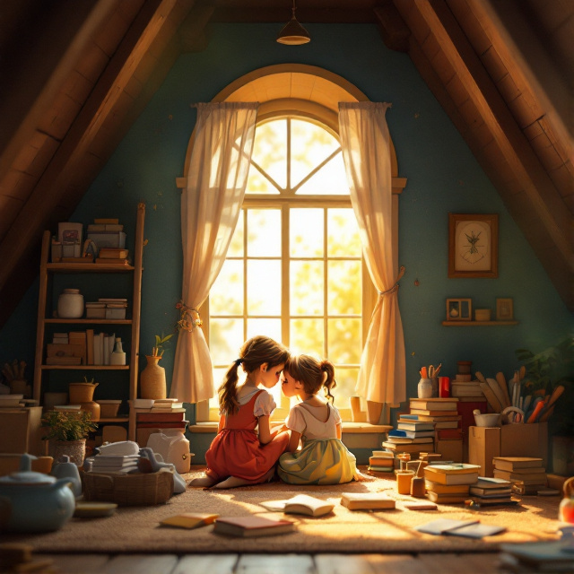 Sara and her friend sitting by the attic window, leaning on each other, with books, toys, and simple living supplies around them. The scene is bathed in warm sunlight streaming through the window, creating a sense of hope and resilience.