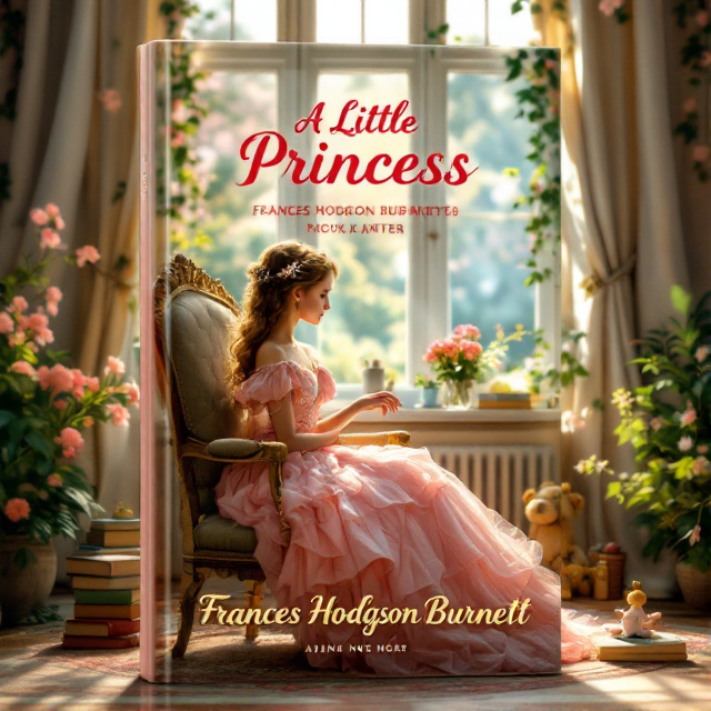 The cover features Sara, the main character, dressed in an exquisite pink gown, sitting on an ornate chair by a window. Sunlight streams onto her, illuminating her face and the room. The room is elegantly decorated with toys and books surrounding Sara, creating a warm and inviting atmosphere. In the background, a natural landscape of blooming flowers and lush greenery adds a touch of dreaminess to the scene.