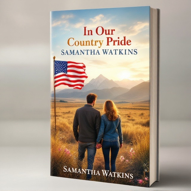 The cover features a wide range of open land and mountains in the background, symbolizing the vastness of the country and the journey of love. In the foreground, a couple is depicted, standing close to each other, with their backs slightly turned towards the viewer. They are holding hands and looking towards the horizon, representing their shared dreams and aspirations. Behind them, the American flag is gently waving in the wind, representing their love for their country and the pride they feel in their relationship.