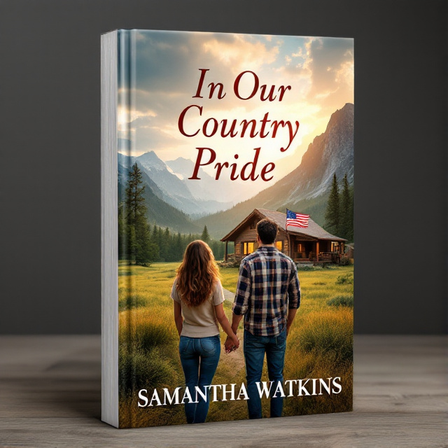 A wide open land with a backdrop of majestic mountains dominates the cover. To the side, a charming cabin is featured, with an American flag fluttering proudly. A couple stands in front of the cabin, holding hands and gazing out at the breathtaking scenery. The woman has long, wavy brown hair, and the man is dressed in jeans and a plaid shirt, with black hair.