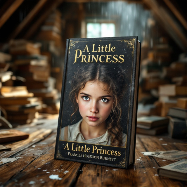 The cover features a close-up of Sara's face, showing her determined expression and resilience. The background is a worn wooden floor of the attic, with old books and dusty boxes piled in the corners. Sunlight streams through a small window, casting shadows on the ceiling. Raindrops can be seen on the window, adding to the atmosphere.