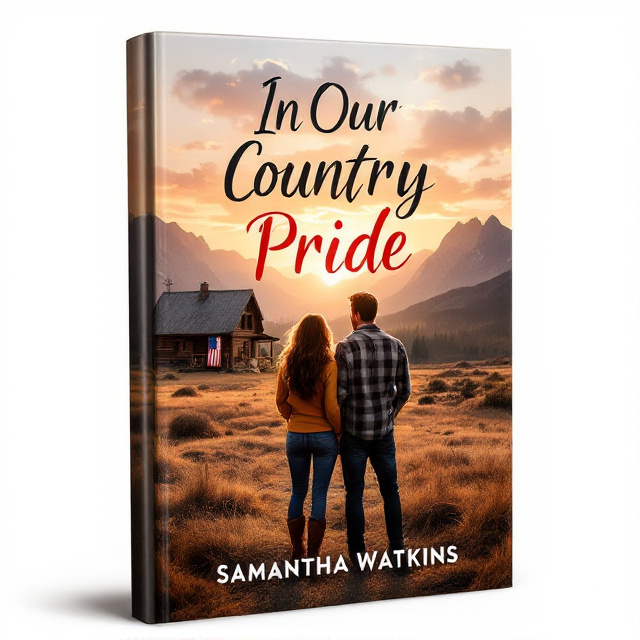 The cover features a scenic view of open land with majestic mountains in the background, bathed in the warm tones of a sunset. To the side, a rustic cabin is depicted, with an American flag hanging proudly. In the foreground, a couple stands facing the mountains, with the woman having brown wavy long hair, wearing jeans and boots, and the man wearing jeans, a plaid shirt, and boots, both exuding an air of romance.