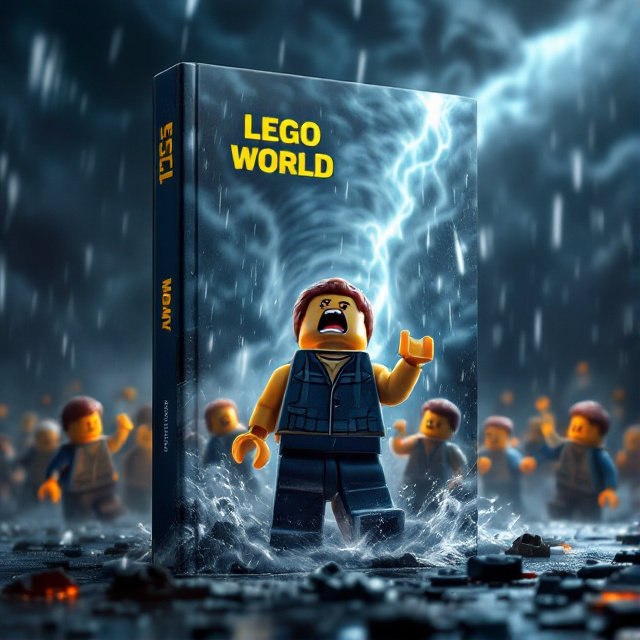 The book cover features a LEGO person screaming and being lifted by a tornado in the middle of a storm. Surrounding the LEGO person are other LEGO people also screaming in fear. The storm clouds and rain create a dark and ominous atmosphere.