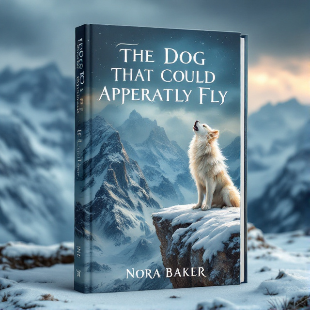 A large, majestic wolf-like dog with beautiful white wings is standing on a snow-covered cliff, howling at the stormy sky. The dog is the central focus of the cover, with the snowy landscape and towering mountains in the background.