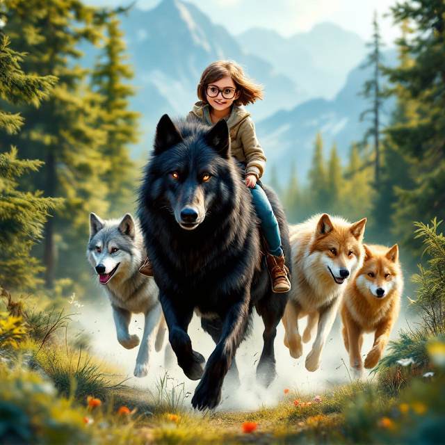 The cover features a 10-year-old girl with short brown hair and hazel eyes wearing glasses. She is riding a majestic black wolf, with a gray wolf, a white wolf, golden wolf, and a tawny wolf following closely behind. They are all running through a beautiful forest, with lush green trees, a clear blue sky, and towering mountains in the distance.