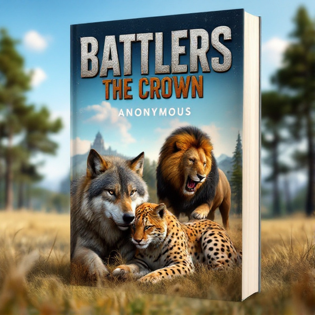 standing book mockup, Its title is "Battlers: The Crown". Its author name is Anonymous.  The cover features a wolf in the foreground, pinning down a spotted lynx. In the background, a lion is engaged in a fierce battle with a bull. The scene is set in a grassy field with a clear blue sky and tall trees framing the edges. The title "Battlers The Crown" is displayed in bold, uppercase letters, with a gritty and rugged font that adds to the action-packed feel of the cover. The author's name, "Anonymous," is placed below the title in a more refined and elegant font., The title and author's name are centered and positioned at the top half of the cover. The wolf and lynx occupy the bottom half, with the lion and bull placed slightly behind them to create depth.