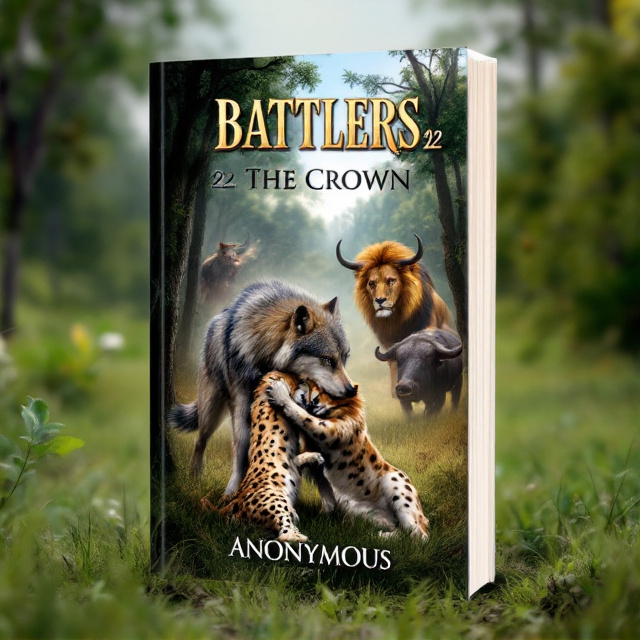 The cover features a wolf in the foreground, holding a spotted lynx down, symbolizing the fierce battles that take place in the book. In the background, a lion is shown engaged in a fight with a water buffalo, representing the ongoing conflict and action-packed nature of the story. The scene is set in a grassy landscape, with trees framing the sides, giving a sense of the natural environment where the battles occur.