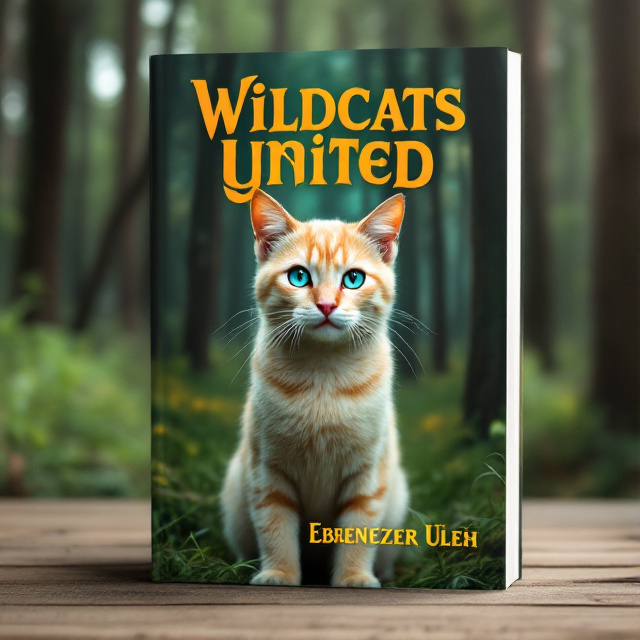 A cream tabby tomcat with cerulean eyes is positioned in the center of the cover, facing forward. Behind him is a dense forest with tall trees and lush green grass. The cat exudes a sense of confidence and adventure, capturing the essence of the book's genre.