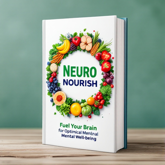 The cover features a vibrant and colorful illustration of a variety of healthy foods, including fruits, vegetables, and nuts. The illustration is arranged in a circular shape, with the center depicting a brain to symbolize the focus on mental well-being. The colors used are bright and inviting, creating a visually appealing design.