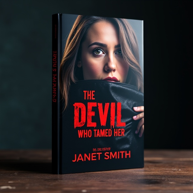 A close-up image of a woman's face, with a look of fear and determination in her eyes. Her face is partially covered by a black bag, symbolizing the kidnapping element of the story. In the background, there is a blurred image of a man with a menacing expression, representing the devilish character. The overall color scheme is dark and intense, with hints of red to evoke passion and danger.