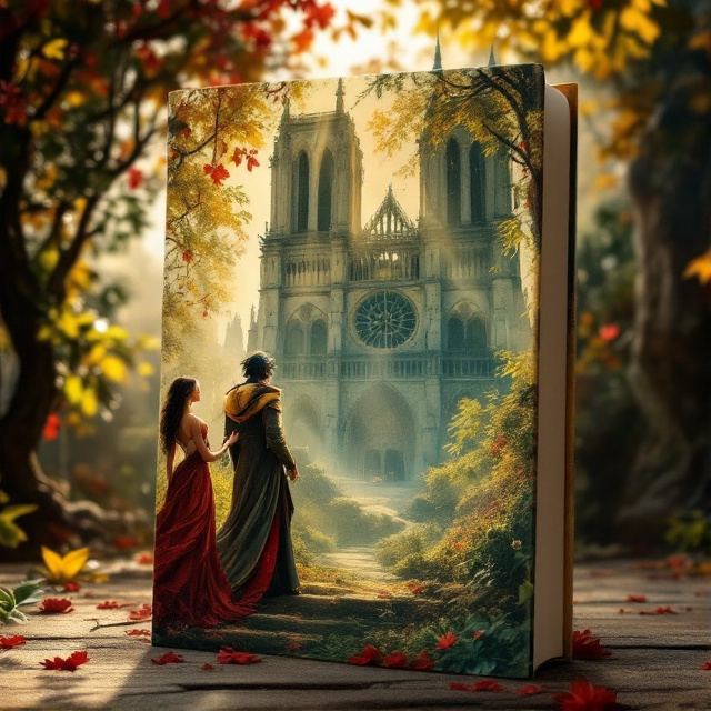 Esmeralda and Quasimodo are depicted in the foreground, with Quasimodo reaching out towards Esmeralda. They are surrounded by warm golds, greens, and reds, creating a vibrant and inviting atmosphere. The Notre-Dame Cathedral is showcased in the background, illuminated by sunlight, symbolizing hope and resilience.
