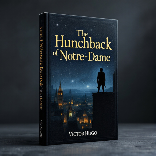 A silhouette of Quasimodo standing in the bell tower of Notre-Dame, gazing over the city, with a dark sky and twinkling stars in the background.