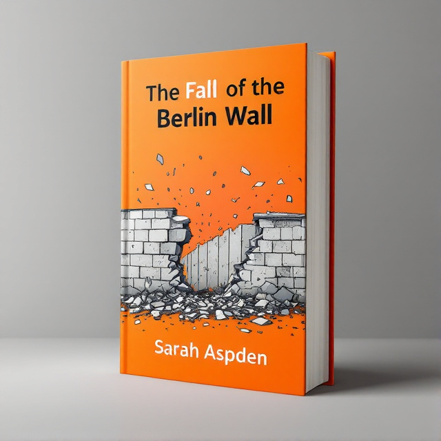 The cover features a bold and vibrant orange background that represents optimism. In the center, there is an illustration of the Berlin Wall, partly crumbling and partly breaking apart, signifying its fall. The illustration is detailed and captures the historical significance of the event.