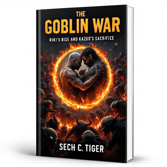 The cover features a close-up of Riki and Kazuo, both covered in wounds and dirt, surrounded by a ring of fire. The goblins are portrayed as grotesque and menacing figures in the background, with a sense of motion and chaos. The overall style is dark and gritty, with intense lighting and bold colors.