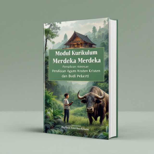 The book cover features a large image of a Tongkonan, a traditional house in Indonesia, placed at the top. On the front, there is an image of a high school student standing next to a buffalo, symbolizing the harmonious relationship between humans and nature. The color scheme is dominated by muted green tones, representing ecology and nature.