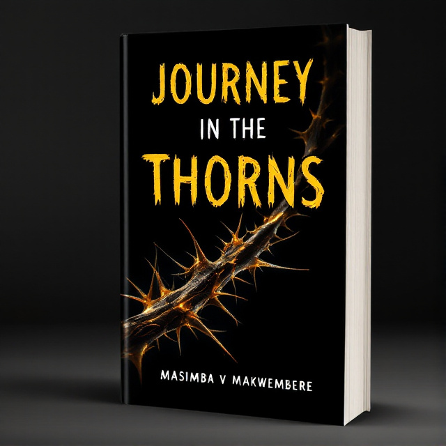 The cover features a close-up image of a thorny plant with a deep black background. The thorns are highlighted in vibrant yellow, conveying a sense of danger and hardship. The title "Journey in the Thorns" is placed at the top in bold and jagged typography, resembling the thorns. The author's name, Masimba V Makwembere, is positioned at the bottom in a sleek and elegant font.