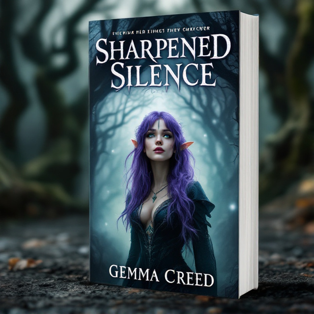 The cover features a mysterious fog-filled forest with twisted trees and an air of danger. In the center stands a beautiful purple-haired princess elf with piercing light green eyes. The elf is gazing into the distance, exuding a sense of anxiety and anticipation. The colors used are dark and moody, with hints of purple and green to symbolize the fantasy elements in the book.