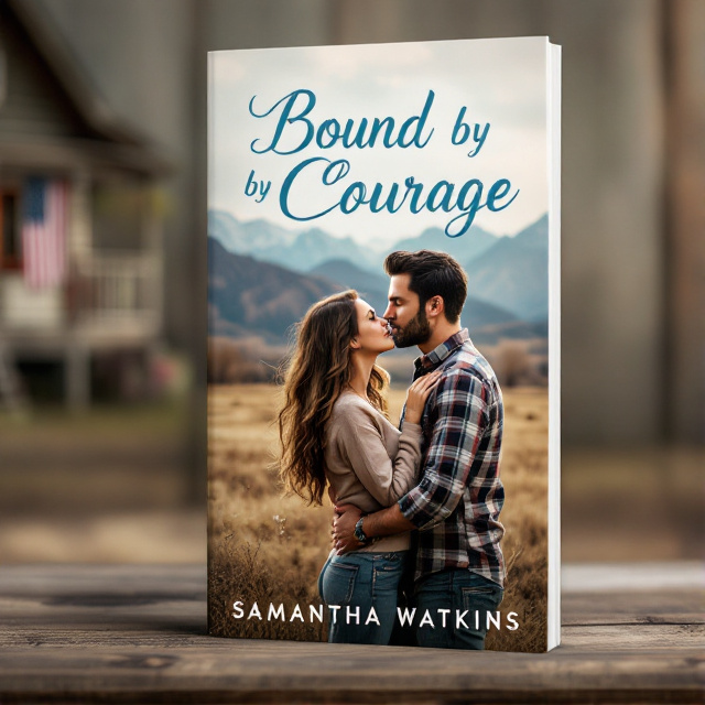 The cover features a beautiful open land with mountains in the background. On the left side, there is a cozy cabin with an American flag hanging from the porch. Towards the center of the cover, a couple is hugging, facing the mountains. The woman has long brown wavy hair, and the man is wearing jeans and a plaid shirt with black hair. The woman is looking up at the man, while he kisses her forehead.
