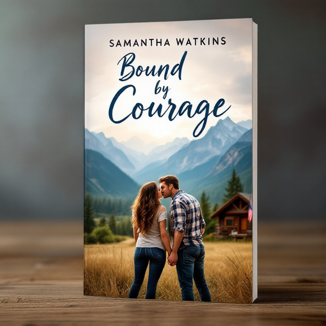 The cover features a stunning backdrop of majestic mountains, with an open land leading up to a cozy cabin in the foreground. The American flag is proudly displayed on the side of the cabin. In the center, a couple is shown holding hands and facing the mountains, with the woman having long brown wavy hair and the man wearing jeans and a plaid shirt. They are in an intimate embrace, sharing a passionate kiss.