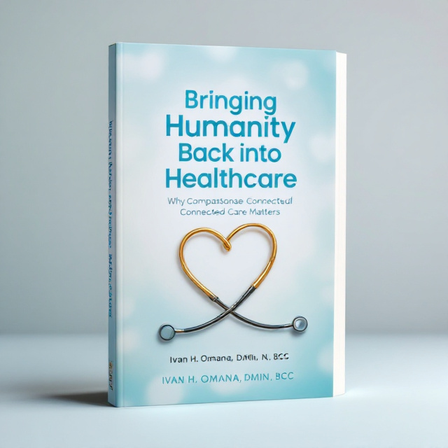 A gentle blue and white gradient background with a heart symbol intertwined with a stethoscope placed at the center of the cover. The heart symbol is designed in a way that it appears as if it is embracing the stethoscope, representing the theme of compassionate connected care. The heart symbol is gold in color, adding a touch of elegance and warmth to the overall design.