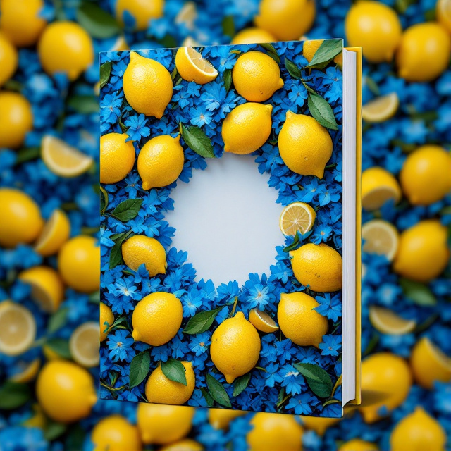 The cover features a mesmerizing arrangement of small lemons and blue petals, creating a captivating and spellbinding effect. The lemons are arranged in a circular pattern, with the blue petals scattered around them.