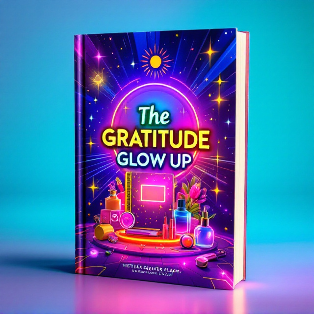 The cover features a vibrant neon-inspired background with radiating suns, stars, and light rays in various colors. In the center, there is an illustration of a journal with a glowing cover, symbolizing the gratitude journey. Surrounding the journal are trendy makeup items like lipstick and perfume, emphasizing self-care and personal growth. Instagram-style icons and "camera flash" sparkles are scattered throughout the cover, adding a touch of modernity and social media influence.