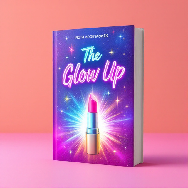 The cover features an illustration of a radiant sunburst in vibrant neon colors, surrounded by stars and light rays. In the center, a trendy makeup item, like a lipstick, is highlighted with a gradient effect to give it a glowing appearance. Instagram-style icons and "camera flash" sparkles are scattered around the composition.