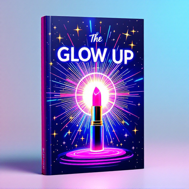 The cover features an illustration of a radiant sunburst in vibrant neon colors, surrounded by stars and light rays. In the center, a trendy makeup item, like a lipstick, is highlighted with a gradient effect to give it a glowing appearance. Instagram-style icons and "camera flash" sparkles are scattered around the composition.