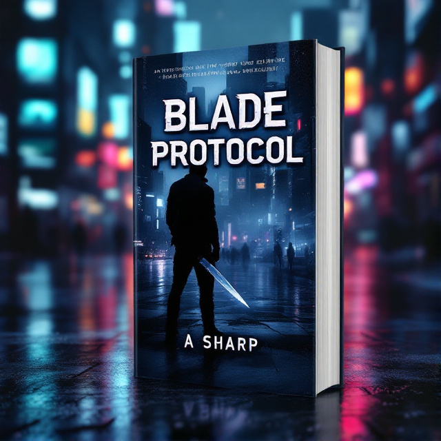 A dark and gritty background featuring a futuristic cityscape with neon lights reflecting on wet pavement. In the foreground, there is a figure wielding a sleek, silver blade. The figure is partially hidden in the shadows, adding an element of mystery and suspense to the cover.
