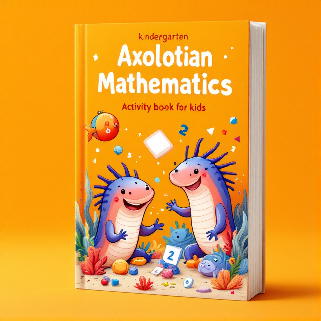 The cover features a bright orange background with a playful scene of axolotls interacting with sea creatures. The axolotls are shown happily engaged in math activities, with numbers and geometric shapes floating around them. The sea creatures add a sense of whimsy and fun to the design.