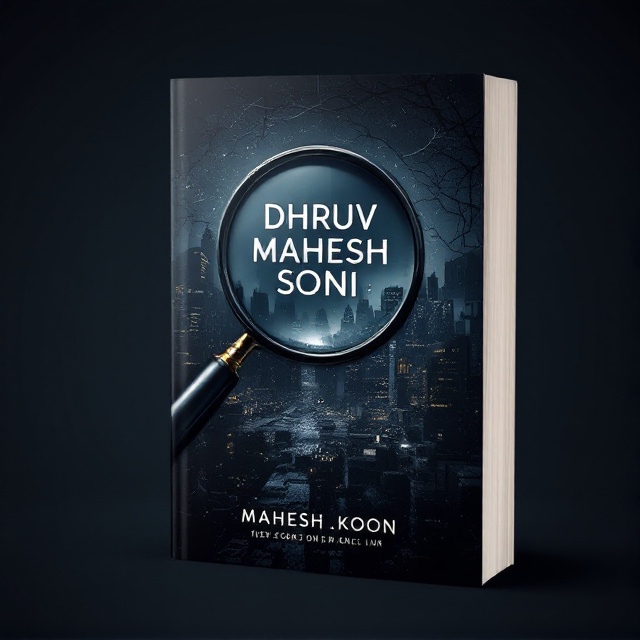 The cover features a magnifying glass placed at an angle, with the title "DHRUV MAHESH SONI" written in bold, mysterious font inside the lens. Behind the magnifying glass, there is a subtle backdrop of a dark, atmospheric cityscape.