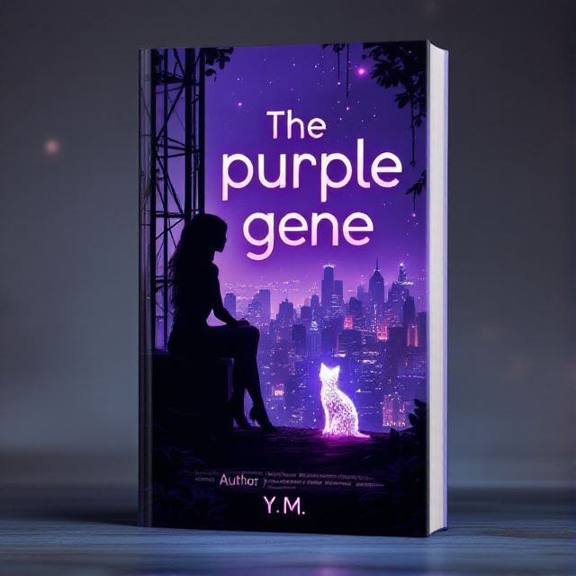The cover features a shadowy silhouette of a girl sitting in a high tower, looking out at the city below. The city is depicted with a purple hue, indicating the sci-fi genre. In front of the girl, there is a cat made of light, representing her mystical pet and adding an element of mystery to the cover.