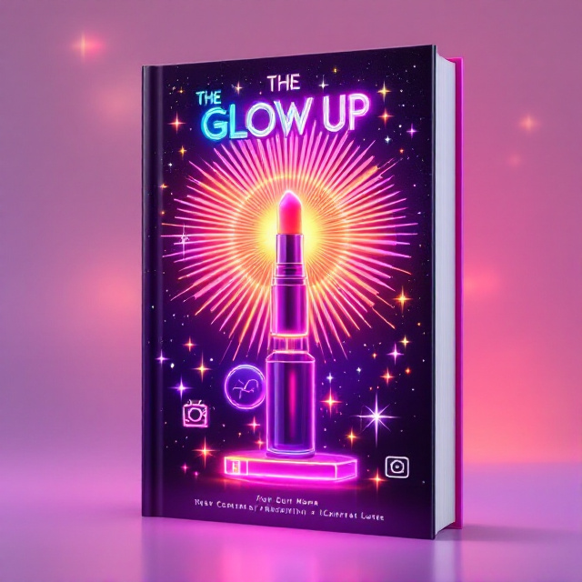 The cover features a vibrant neon sunburst in the center, surrounded by stars and rays of light. Below it is a trendy makeup item with a glowing effect. Instagram-style icons and camera flash sparkles are scattered around the composition.