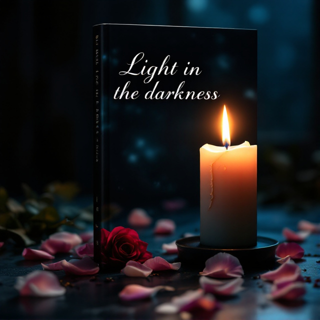 A close-up image of a lit candle in a dark room, casting a warm and gentle glow. Surrounding the candle, there are delicate rose petals scattered on a table, adding a romantic touch to the scene. The overall visual style is dreamy and mysterious, capturing both the light and darkness elements of the book.
