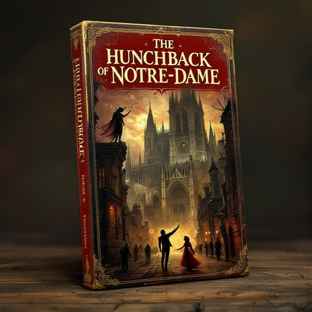 The cover features a dramatic scene of the iconic Notre-Dame Cathedral in the background, with Quasimodo standing in the bell tower, looking down at Esmeralda who is dancing in the street below. The colors used are deep reds, golds, and bronze tones, creating a sense of richness and sadness.