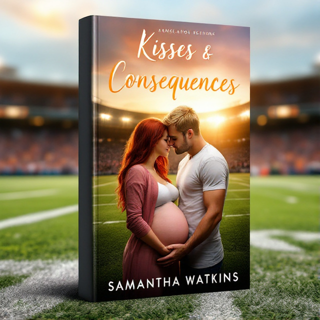 The cover features a football field as the background, with the stands and a cheering crowd in the distance. In the foreground, there is a pregnant girl with red hair and a blonde football player kissing her belly.