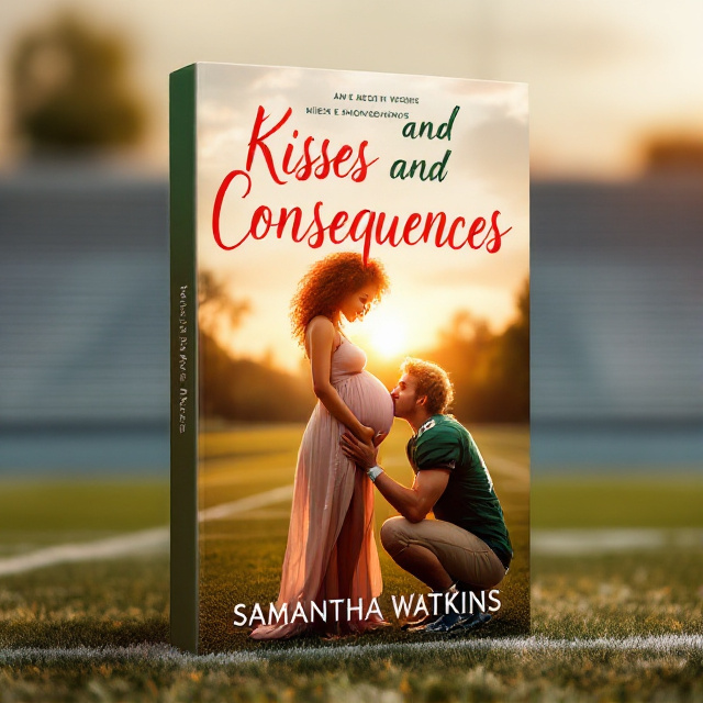 The cover features a natural curly red-headed girl with a cute baby bump, wearing a flowing dress. She is standing on a football field with stands in the background, basking in the warm hues of the sunset. A football player, in a green jersey and blonde hair, is kneeling in front of her, tenderly kissing her belly.