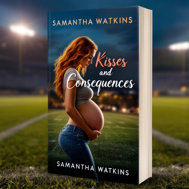 The cover features a girl with wavy red hair and a baby bump, wearing jeans and a t-shirt, standing in the foreground. A blonde football player is kneeling in front of her, kissing her belly. The background is an outdoor football stadium at night, with lights illuminating the scene.