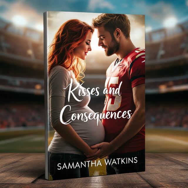 The cover features a close-up of a girl with wavy red hair, wearing a fitted t-shirt that accentuates her baby bump, and jeans. She is looking lovingly at a blonde guy in a football jersey who is standing next to her. The background is a football stadium, symbolizing the importance of the sport in their relationship.