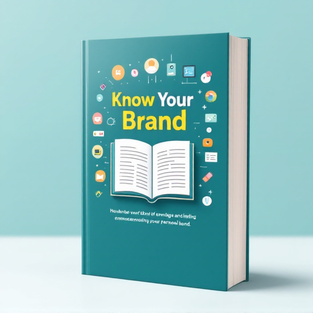 The cover features a bold, deep teal background with a clean and modern aesthetic. In the center, there is a professional-looking workbook with the title "Know Your Brand" written in large, bold typography. The workbook is open, revealing pages filled with exercises and helpful guides to empower readers in understanding and developing their personal brand. Surrounding the workbook are various icons and graphics that represent different aspects of branding, such as logos, colors, and social media. These elements are arranged in a structured and balanced manner, creating an impactful visual composition.