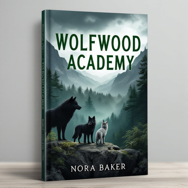 The cover features a dramatic landscape with a dark grey sky, towering mountains, and lush green trees. In the foreground, two young black wolves and a young grey wolf stand on a cliff, looking out across the forest. Behind them, a menacing black wolf lurks in the shadows, adding an element of danger and suspense to the scene.