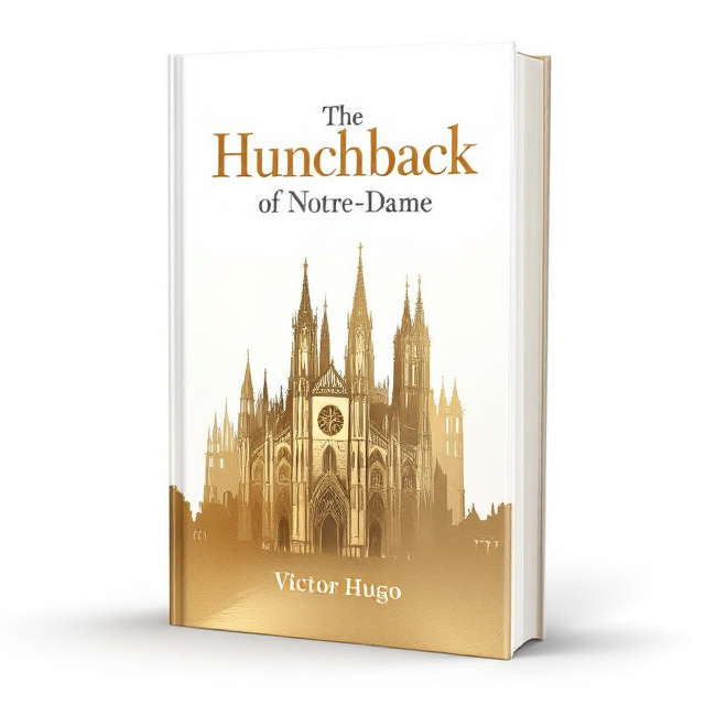The cover features a clean white background with a gold silhouette of Notre-Dame Cathedral in the center. The silhouette is intricate and detailed, capturing the grandeur and mystique of the cathedral.