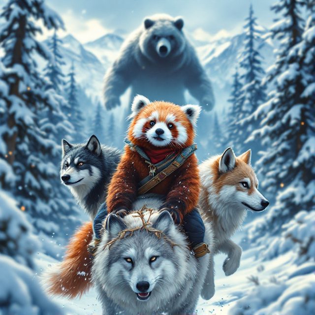 The red panda and the twelve-year-old girl are at the center of the cover, riding a fluffy snow cat. The black wolf and gray wolf are on either side of them. Behind them are snow-capped mountains and a snowy forest. In the forest, a menacing bear-like silhouette lurks.