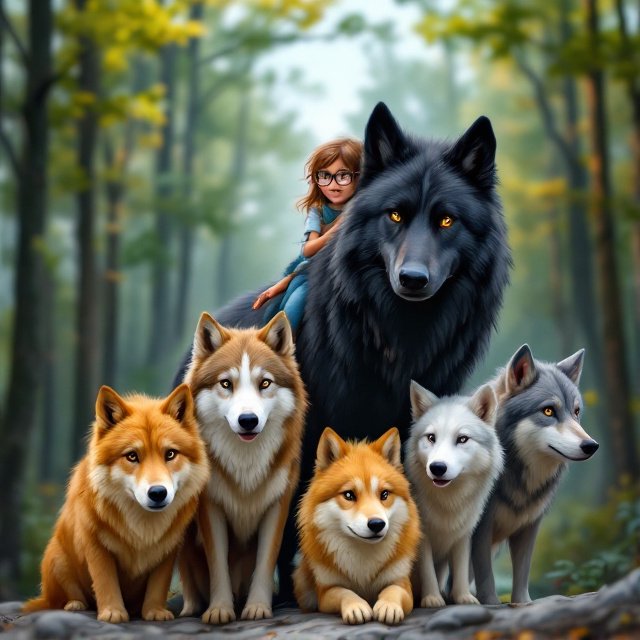 A ten-year-old girl with brown hair, hazel eyes, and glasses is riding a large black wolf, flanked by a tawny wolf, golden wolf, white wolf, and gray wolf. A forest is behind them.