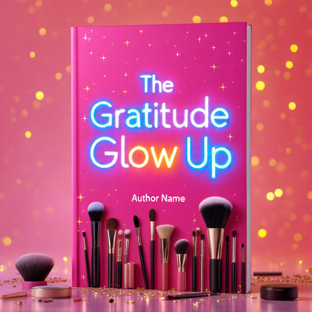 The cover features a vibrant fuchsia background with a sparkling gold backdrop. In the center, there is a glowing neon sign that reads "The Gratitude Glow Up". Surrounding the sign are various makeup brushes, creating a sense of glamour and self-care.