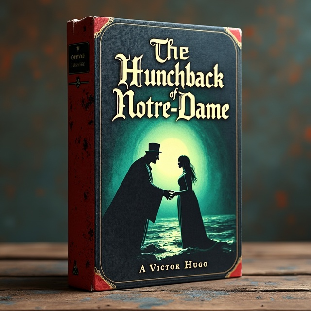The cover features an intense and dramatic scene where Frollo and Quasimodo confront each other, creating a sense of tension and despair. Esmeralda is depicted in the background, looking on anxiously. The colors used are dark reds, deep blacks, greens, and gray, emphasizing the somber and complex nature of the story.
